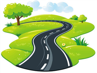 Curvy empty road on green meadow with grass