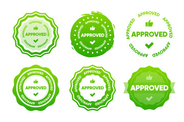 Approved Stamp collection. Seal emblem logo. Approval Check Mark green color. Vector illustration.