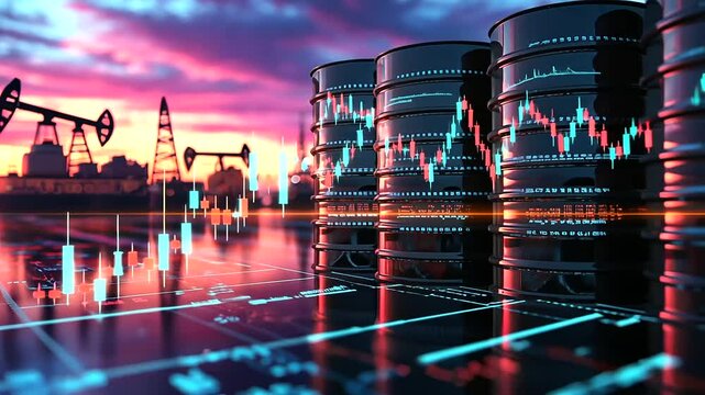 Oil barrels stacked high with a glowing stock chart overlay, offshore rigs silhouetted against a vibrant sunset, symbolizing the dynamic world of oil trading