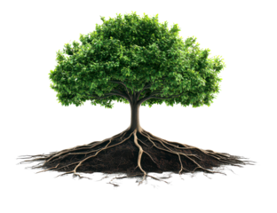 Green tree with extensive roots, symbolizing growth isolate on transparent background, cutout, png