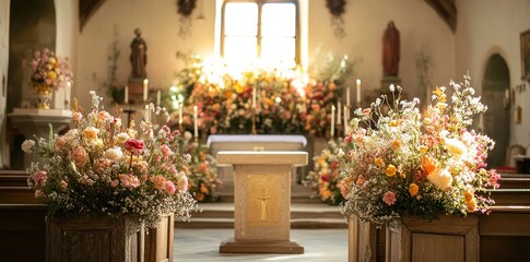 Floral Decorations Adorn a Church Altar and Pews