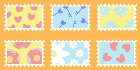 Set of colorful post stamps with hearts, lollipops, keys, donuts and flowers. Playful postage stamps collection. Trendy vector illustration in flat style