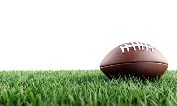 Leather American football resting on vibrant green grass isolate on transparent background, cutout, png