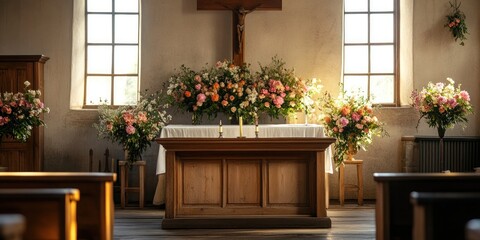 Floral Decorated Altar in a Church with Wooden Floor and Windows
