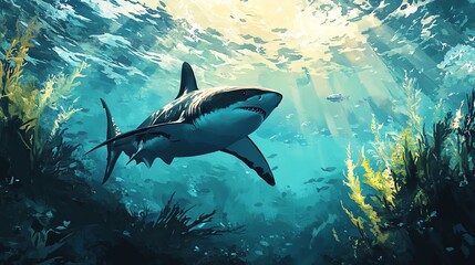 Obraz premium A majestic shark swims gracefully through vibrant underwater vegetation, illuminated by rays of sunlight filtering from above.