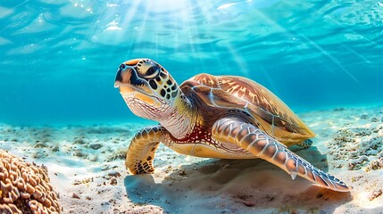 Fototapeta premium A gorgeous marine turtle moving across the seafloor with charm