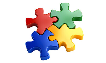 Obraz premium Four colorful puzzle pieces interlock, symbolizing unity, teamwork, isolate on transparent background, cutout, png