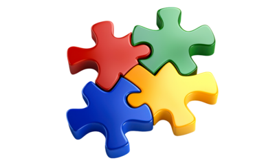 Four colorful puzzle pieces interlock, symbolizing unity, teamwork, isolate on transparent background, cutout, png