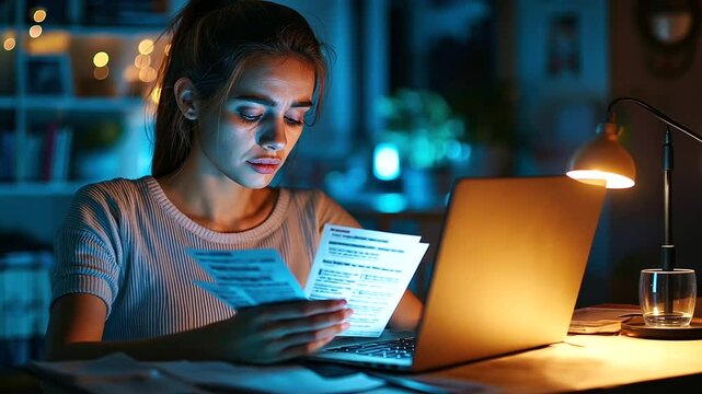 A stressed woman in a dimly lit room, reviewing a long list of bills on her laptop, with overdue notices visible on the screen