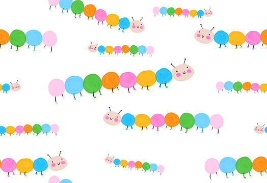 Cute Colorful Caterpillar. Lovely Hand Drawn Seamless Vector Pattern with Funny Colorful Bug on a White Background. Simple Endless Nursery Pattern with Happy Worm Made of Multicolor Dots. 