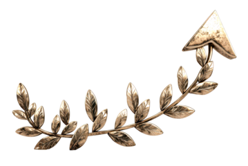 Vintage decorative bronze arrow accented with leaves isolate on transparent background, cutout, png