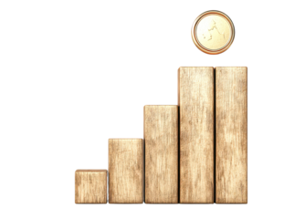 Wooden steps leading to a gold coin. Represents success, achievement isolate on transparent background, cutout, png