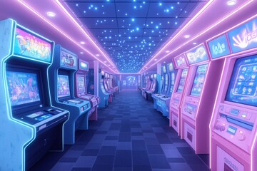Neon Arcade Corridor:  A retro-futuristic hallway lined with vibrant, colorful arcade cabinets, bathed in neon light and a starry ceiling, invites gamers to step back in time and experience the thrill