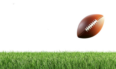 Brown leather American football floats above green grass, isolate on transparent background, cutout, png