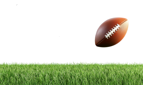 Brown leather American football floats above green grass, isolate on transparent background, cutout, png