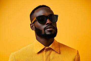 Fototapeta premium portrait of a stylish modern black man wearing black sunglasses, representing fashion and confident, yellow background