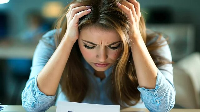 A woman overwhelmed by financial documents, holding her head in her hands, with a Final Warning letter on the table