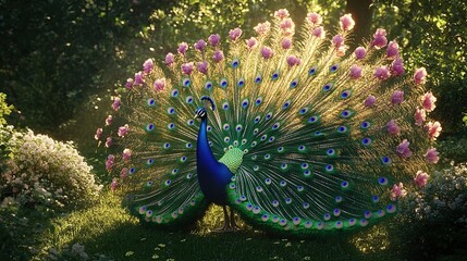 Obraz premium A vibrant peacock displaying its colorful feathers amidst blooming flowers.