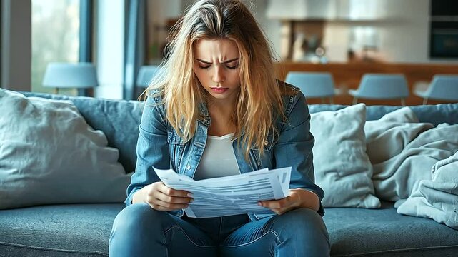 A woman sitting on her couch, surrounded by crumpled bills and financial papers