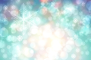 Abstract blurred festive light green white winter christmas or Happy New Year background texture with shiny bokeh circles, snowflakes and stars. Card concept.