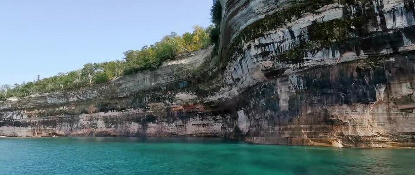A boat tour along the colorful cliffs at Pictured Rocks National Lakeshore of Lake Superior, Munising, Michigan, USA