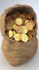 a bag full of gold coins on a white background