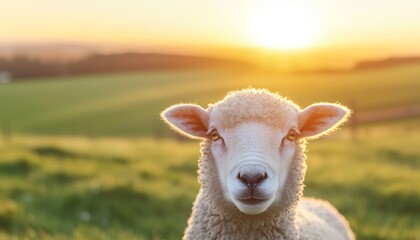 Fototapeta premium A close-up shot of a sheep munching on grass, with dew-covered fields stretching into the distance under the soft light of dawn.