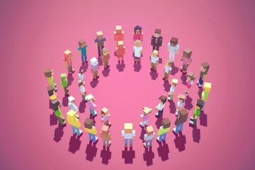 a group of people standing in a circle on a pink background