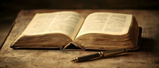 Obraz premium An open vintage book resting on a rustic wooden table with a fountain pen nearby, symbolizing classic literature and writing.