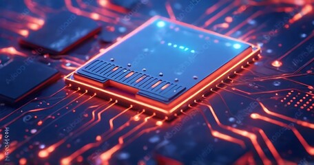 High-Performance Processor with Glowing Core on Circuit Board.