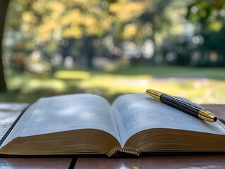 Open book with a golden pen resting on top, placed on an outdoor table in a park, perfect for...