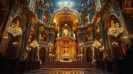 Obraz premium Ornate Interior of a Gilded Catholic Church