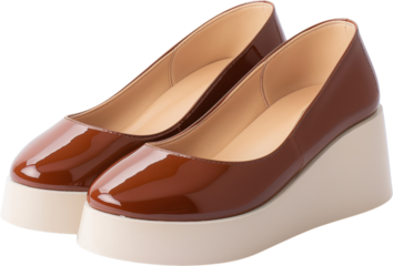 Fashionable women's brown wedge heel shoes with glossy finish, perfect for casual and formal occasions, offering comfort and style.