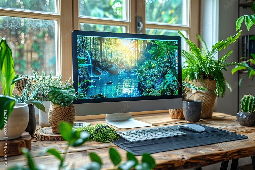Poster a computer monitor is on a desk with a view of a forest