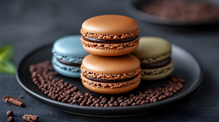 set of colorful macarons on plate natural, clean composition, 