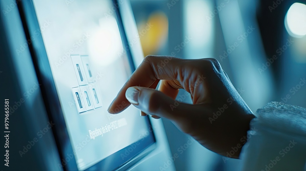 Poster hand interacting with a touchscreen display showing a grid of images