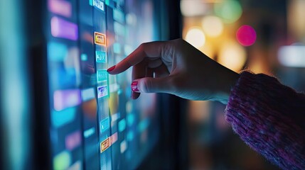 Woman's Hand Interacting with a Digital Display Showing Data and Information