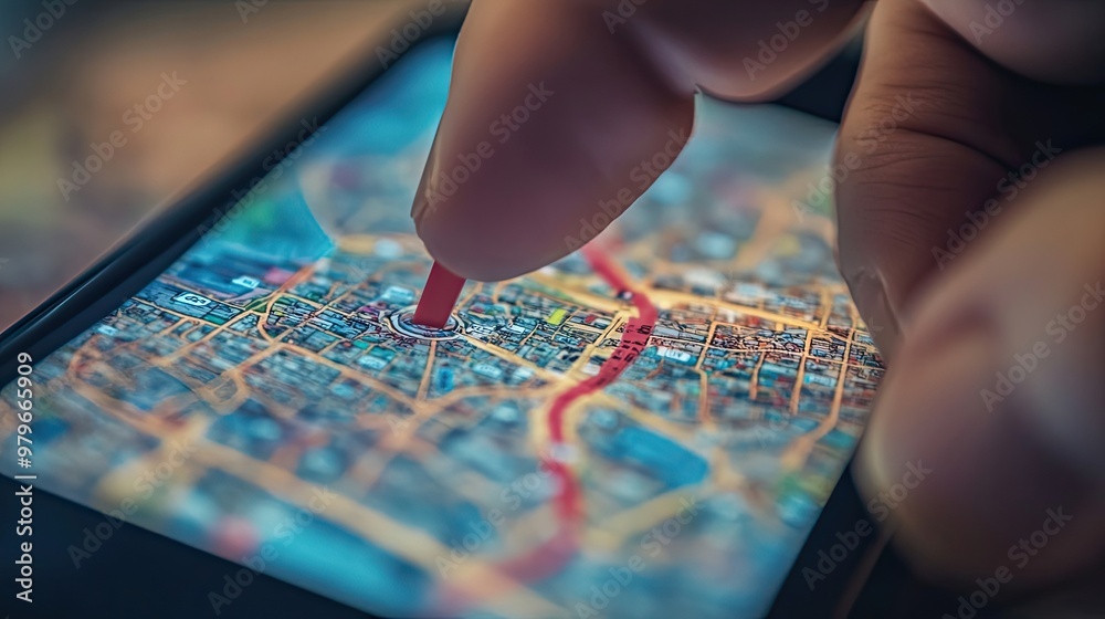 Poster close-up of a finger pointing at a location on a digital map displayed on a smartphone