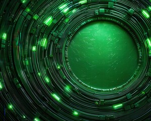 Obraz premium A mesmerizing abstract pattern of green circular lines and glowing lights, evoking a sense of depth and technology.