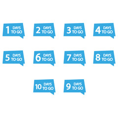 Countdown numbers set. Ten blue speech bubbles. Days to go text. Vector countdown icons.
