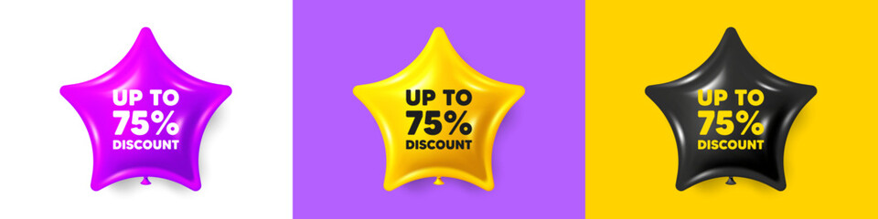 Up to 75 percent discount. Birthday star balloons 3d icons. Sale offer price sign. Special offer symbol. Save 75 percentages. Discount tag text message. Party balloon banners with text. Vector