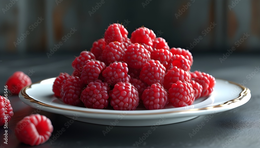 Wall mural vibrant raspberries displayed on a pristine plate showcasing contrasting textures and colors in a re