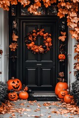 Obraz premium a black door with pumpkins and leaves on it