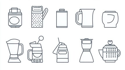 Dairy Equipment thin line icon set. Featuring cheese graters, butter churns, yogurt makers, milk frothers, and cream separators 