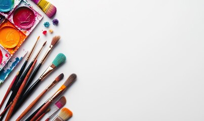 Naklejka premium A vibrant collection of paintbrushes and watercolor paints arranged aesthetically on a clean white backdrop, perfect for creatives.