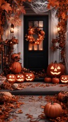 Obraz premium halloween pumpkins and wreaths on the front porch