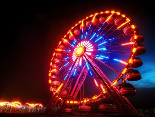 A vibrant ferris wheel illuminated with colorful lights, set against a dark night sky, creating a festive atmosphere.