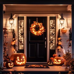Obraz premium a front door decorated with pumpkins and wreaths