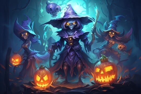 Fototapeta halloween wallpaper with witches and pumpkins