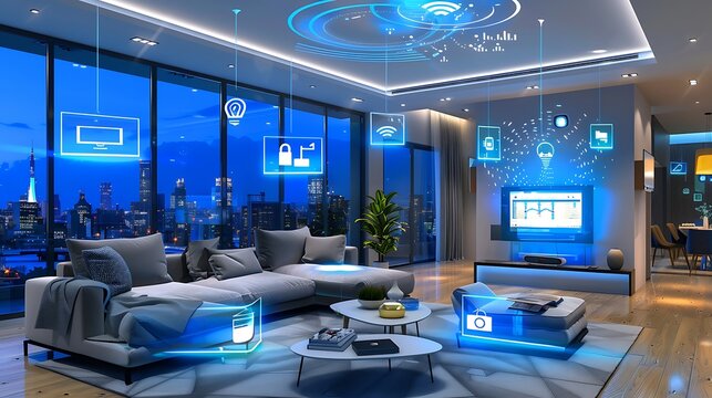 A high tech living area like a smart home hub with flashing active nodes